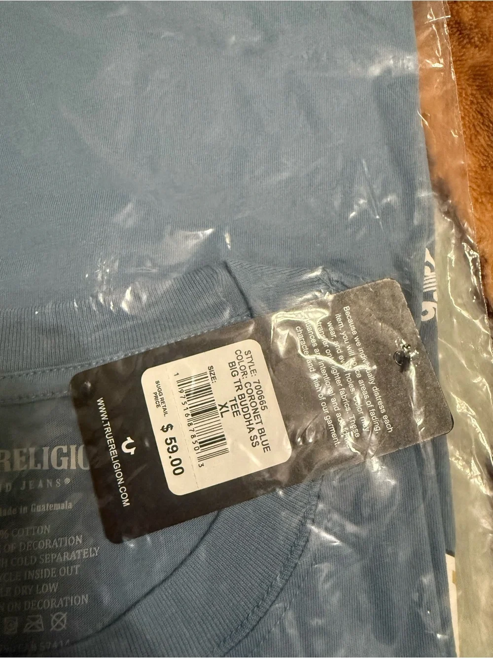 True Religion Light Blue Tee with Yellow & White Logo Graphic